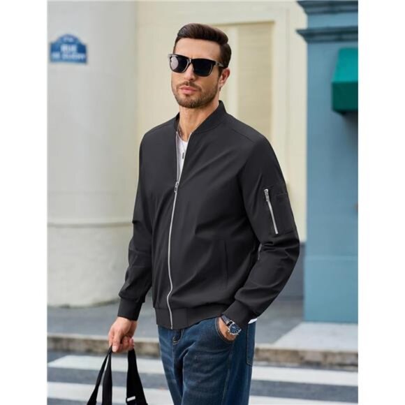 Mens Bomber Jacket Lightweight Windbreaker Fall Spring Casual Zip Up Outwear Coa - Picture 4 of 7